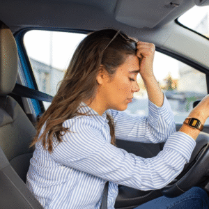 Mujer nerviosa agarrando el volante. Superar el miedo a conducir solo después del carnet.